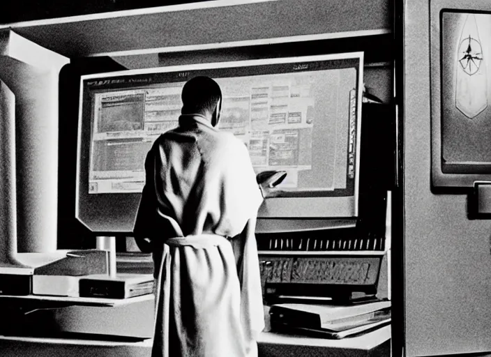 Image similar to over the shoulder shot of a robed illuminati cultist using a computer in a dark laboratory