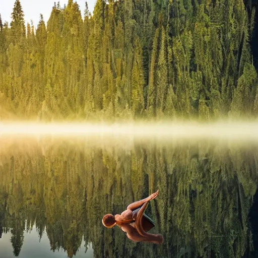 Prompt: meditating man hovering above a clear blue lake in a clearing in the middle of an evergreen forest at dawn