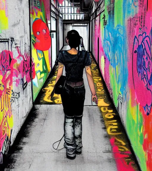 Prompt: Japanese girl, spray painted graffiti, perspective chalk art pastiche by Dan Witz, Jun Ito and Dan Mumford, cel-shaded, thick ink lines