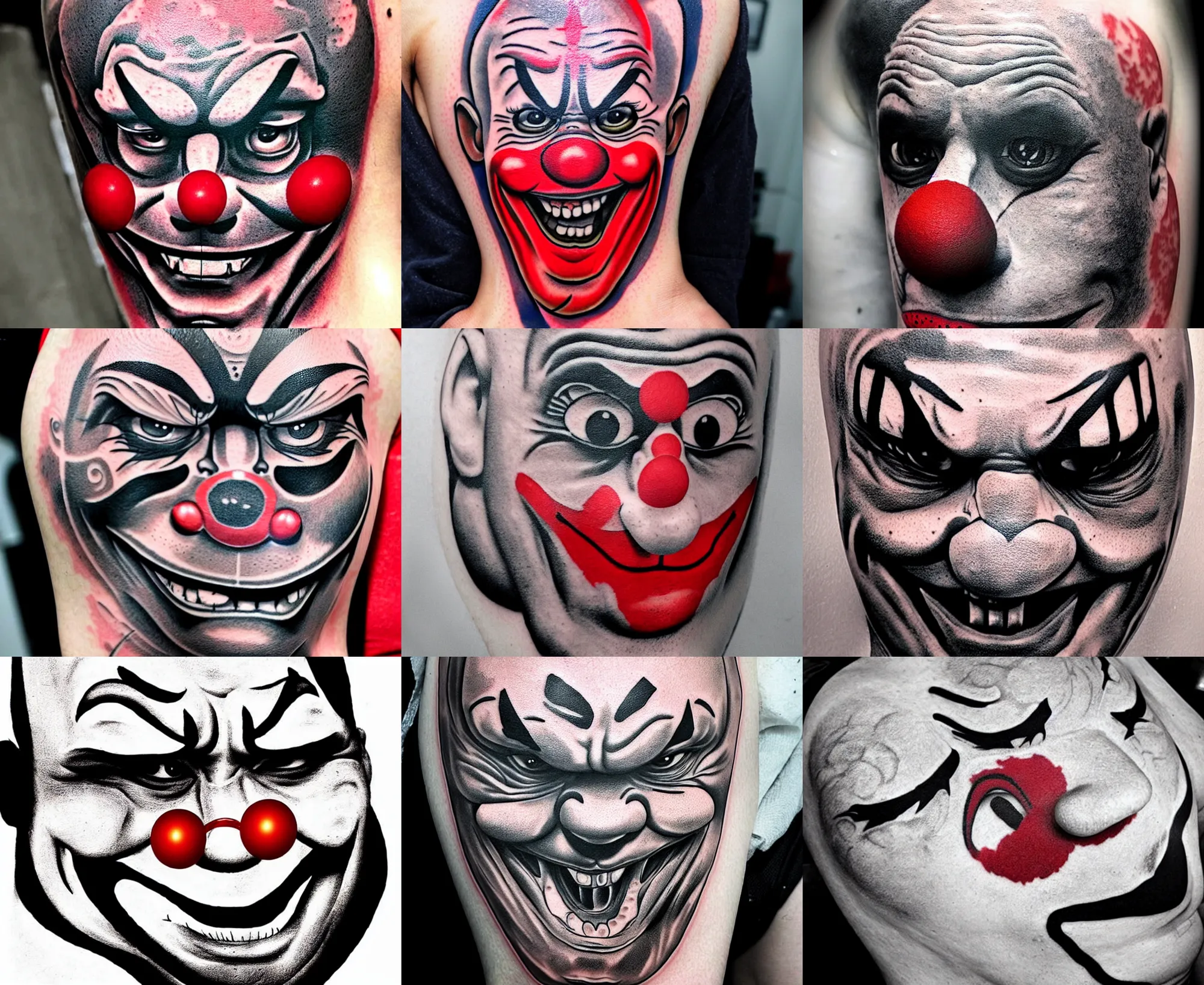 Prompt: detailed amazing tattoo stencil of a funny clown make up, big red nose, dwayne the rock johnson