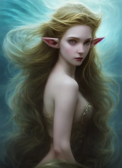Image similar to beautiful perfect face portrait of a seductive princess zelda dreaming in underwater murky light, wind blown hair! dark fantasy esoteric, closeup, d & d, fantasy, intricate, elegant, highly detailed, digital painting, artstation, concept art, matte, sharp focus, illustration, art by artgerm and tom bagshaw and greg rutkowski and alphonse mucha