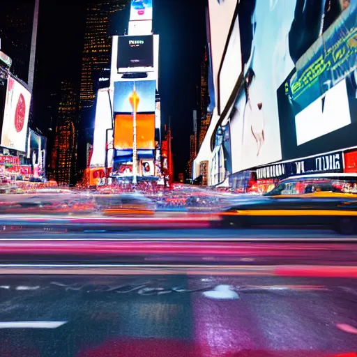 Prompt: long exposure of times square at night as a bus drives by, light trails, motion blur, iso 1 0 0 f / 1 1, photorealistic