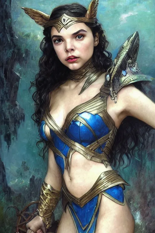 Image similar to A fantasy comic book style portrait painting of, hybrid of Gal Gadot, Anya Taylor-Joy, as a Mystical Valkyrie, a beautiful female Reptilian warrior, Regal, Realistic, Refined, Detailed Digital Art, Josephine wall, Oil Painting, William-Adolphe Bouguereau, Art Frahm, Esao Andrews, Steampunk, Walt Disney (1937), Highly Detailed, Cinematic Lighting, Unreal Engine, 8k, HD