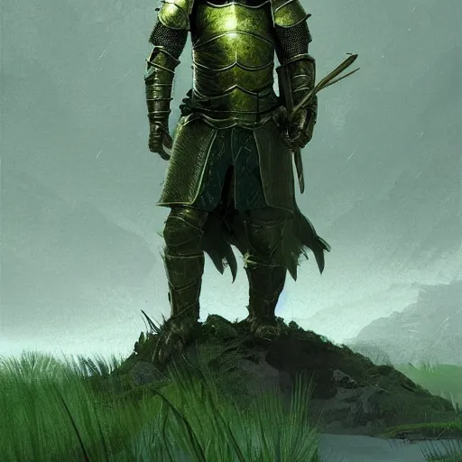Prompt: A knight treking across a swamp with a caste in the background, green color scheme with hints of red, digital art, artstation, dramatic lighting, intricate, wild, highly detailed, digital painting, artstation, concept art, smooth, sharp focus, illustration, art by artgerm and greg rutkowski.
