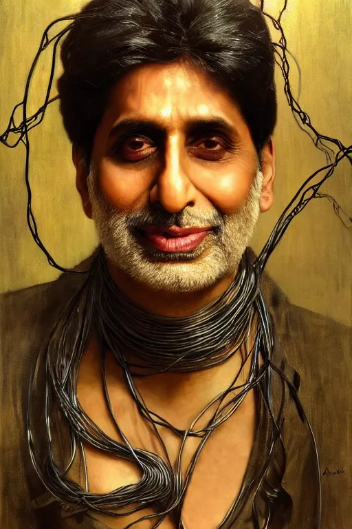 Prompt: hyperrealist portrait of amitabh bacchan, it is decorated with long wires that fall like vines and wears small computers over their body. by jeremy mann and alphonse mucha, fantasy art, photo realistic, dynamic lighting, artstation, poster, volumetric lighting, very detailed faces, 4 k, award winning