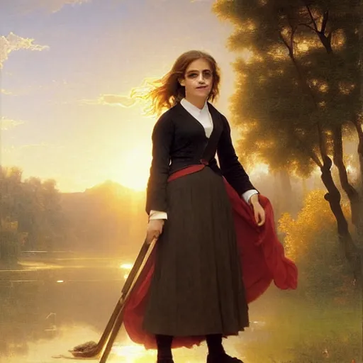 Image similar to Painting of Emma Watson as Hermione Granger. Wearing Hogwarts!!! robes!!!. Smiling. Happy. Cheerful. Art by william adolphe bouguereau. During golden hour. Extremely detailed. Beautiful. 4K. Award winning.