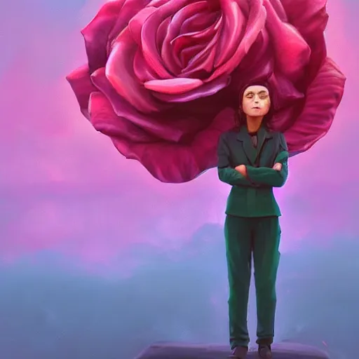 Image similar to closeup, huge rose flower on head, frontal, girl in a suit, surreal photography, sunrise, dramatic light, impressionist painting, digital painting, artstation, simon stalenhag