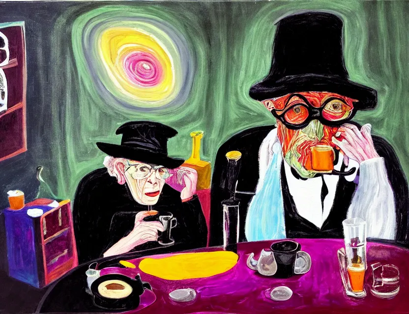 Image similar to a colorful dark night painting of a old and strange dusty professor in black suite and hat and a old woman making a study of drinking 1 0 cups of black coffee in 5 seconds in a kitchen that is melting, styled by francis bacon