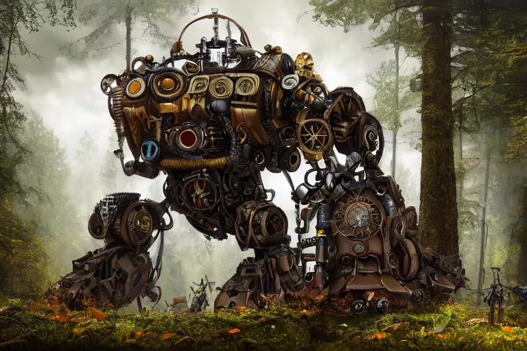 Prompt: steampunk colossal mech battlerobot standing a swedish forest, very low angle photograph, trending on artstation, cgstation