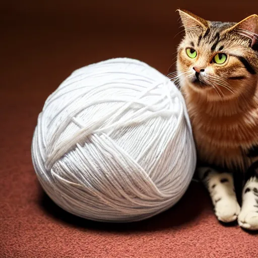 Prompt: photo of giant yarn ball next to a cat, taken with canon eos - 1 d x mark iii, bokeh, sunlight, studio 4 k