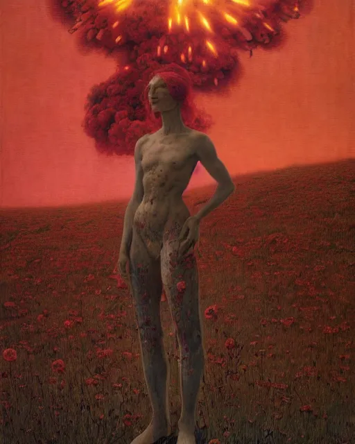 Image similar to A portrait of a woman wearing clothes made out of dying flowers, nuclear explosion in the background, Masterpiece, red skin, glowing, wires everywhere, by Edgar Maxence and Ross Tran, Zdzisław Beksiński, and Michael Whelan, distant, gustav dore, H.R. Giger, 8k, octane render