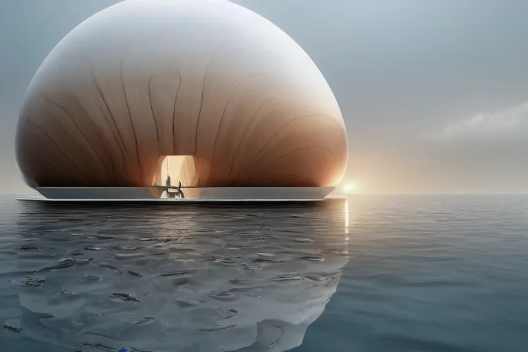 Prompt: many white egg shaped spherical spaces ， intersect and bite to form a modern science fiction building ， by pierre bernard, on the calm lake, people's perspective, future, interior wood, marble, award winning, highly detailed 4 k art, dusk, unreal engine highly rendered, global illumination, radial light, internal environment