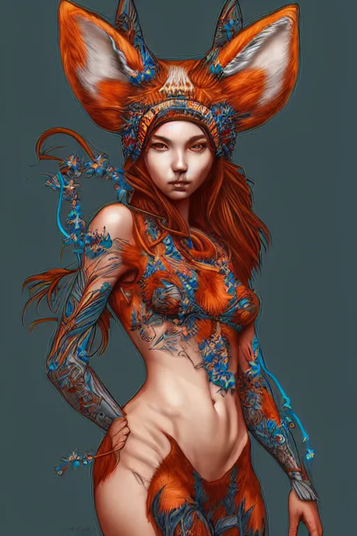 Prompt: digital art, centered full body girl with fox headdress ,intricate, veins, by James Jean and by artgerm , by ross tran, ultradetailed, charachter design, concept art, trending on artstation,