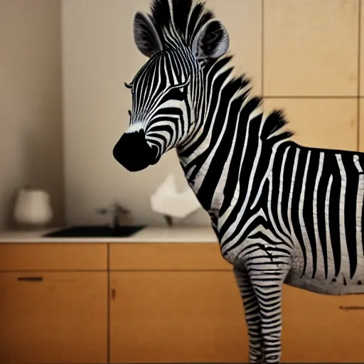 Prompt: Smiling zebra doing the dishes, Kitchen, Cinecolor, 32k, Ray Tracing Global Illumination