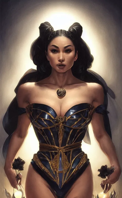 Image similar to masterpiece of kitana from mortal kombat with beautiful hands close to a candle in dark room, cinematic, powerful, moon beams dramatic light, highly, intricate gold elements, hollow souls, detailed, digital painting, artstation, concept art, sharp focus, illustration, art by artgerm and greg rutkowski and alphonse mucha