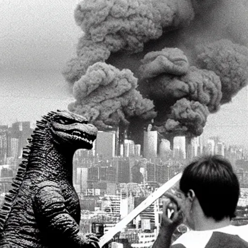 Image similar to godzilla eating a piece of cake. in the background tokyo city on fire