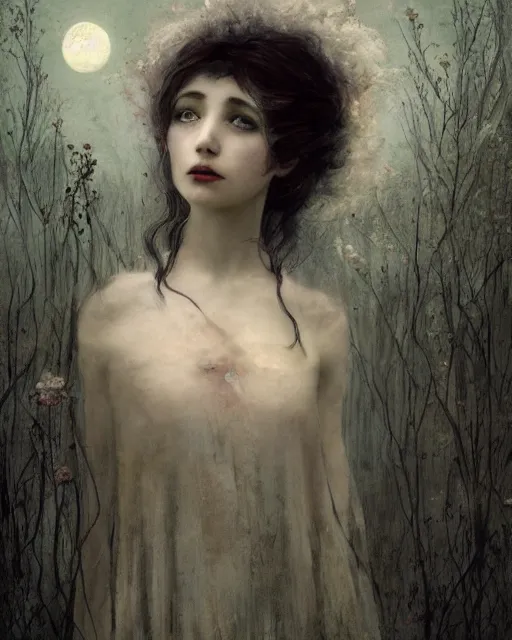 Image similar to a beautiful but sinister and creepy young woman in layers of fear, with haunted eyes, violence in her eyes, crazy white hair, 1 9 7 0 s, seventies, delicate embellishments, a little blood, woodland, moonlight shining on wildflowers, painterly, offset printing technique, by alexandre cabanel