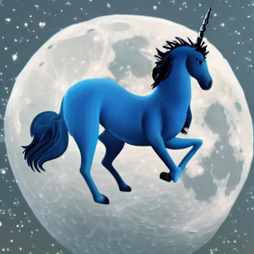 Image similar to A lonely blue unicorn-pegasus sits on the moon's surface, sitting in the moon dust crying