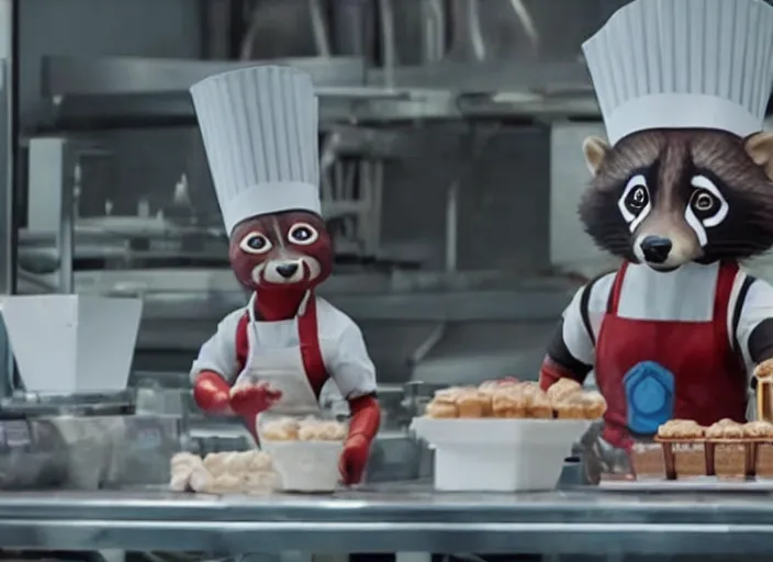 Prompt: film still of Rocket Racoon working as a pastry chef in the new Avengers movie, 4k