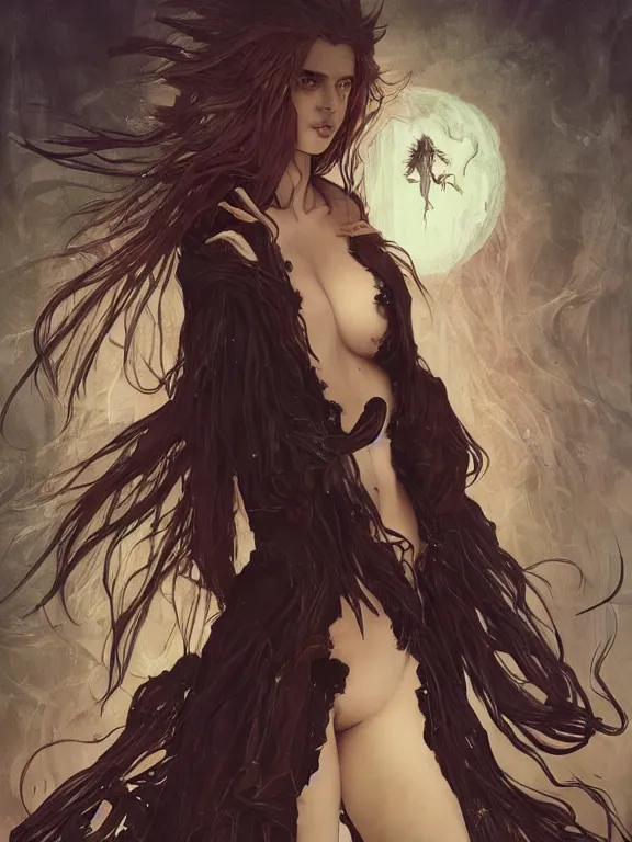 Prompt: full body picture of a witch with exoskeleton wanna play with you, cynical, bored, beautiful and aesthetic, intricate, unreal engine, messy hair, highly detailed, detailed face, smooth, sharp focus, chiaroscuro, manga illustration, artgerm, greg rutkowski, alphonse mucha, young adult light novel cover art