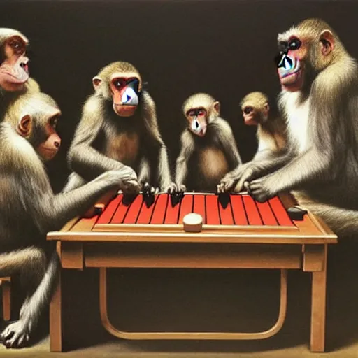 Image similar to A beautiful print of a group of monkeys playing backgammon. The monkeys are seated around a table, with some of them appearing to be deep in concentration while others appear to be playing more casually. by Simon Bisley, by Gabriel Dawe desaturated