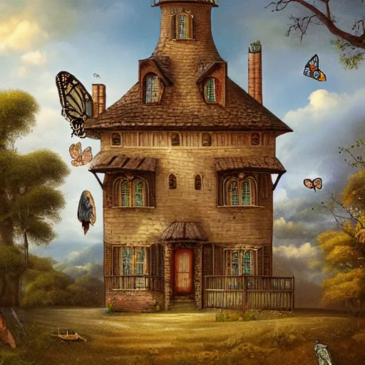 Prompt: a house with a tower, owl, butterflies, berries, lowbrow in the style of christian beijer, 8 k, from far away,