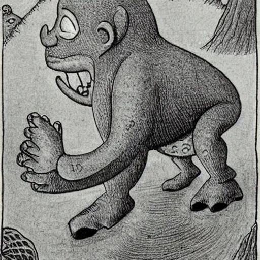 Prompt: life taking its first steps onto land. new life evolutionary ancestor. Ancient creature. Illustrated by Maurice Sendak