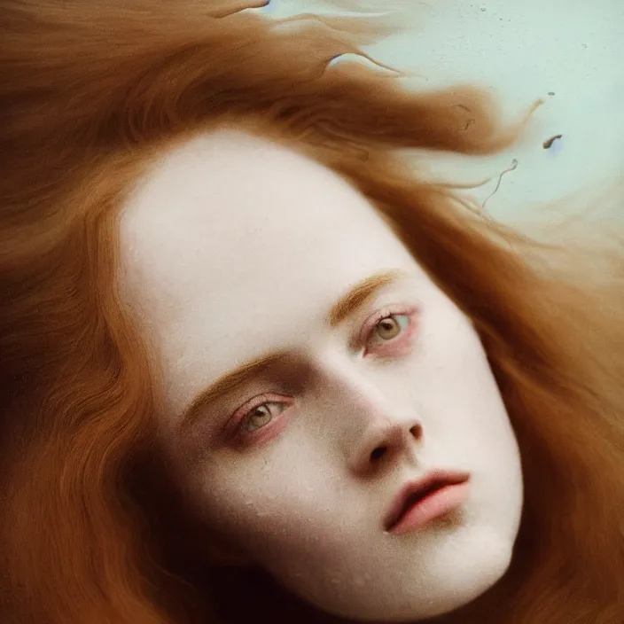 Image similar to Kodak Portra 400, 8K,ARTSTATION, Caroline Gariba, soft light, volumetric lighting, highly detailed, britt marling style 3/4 , extreme Close-up portrait photography of a beautiful woman how pre-Raphaelites,inspired by Ophelia paint, the face emerges from water of Pamukkale, underwater face, hair are intricate with highly detailed realistic beautiful flowers , Realistic, Refined, Highly Detailed, interstellar outdoor soft pastel lighting colors scheme, outdoor fine art photography, Hyper realistic, photo realistic