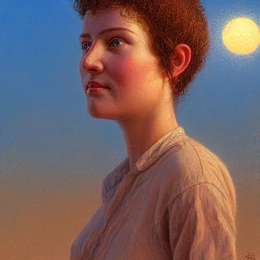 Image similar to Facial portrait of a cute shy woman, looking away from the camera, slight awkward smile, lips slightly parted, no hands visible,, intricate, extremely detailed painting by Jean Giraud and by Henry Justice Ford and by Greg Rutkowski, golden hour