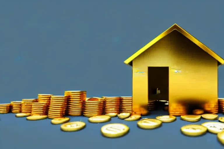 Image similar to a house, made of gold, under construction, with piles of coins around it