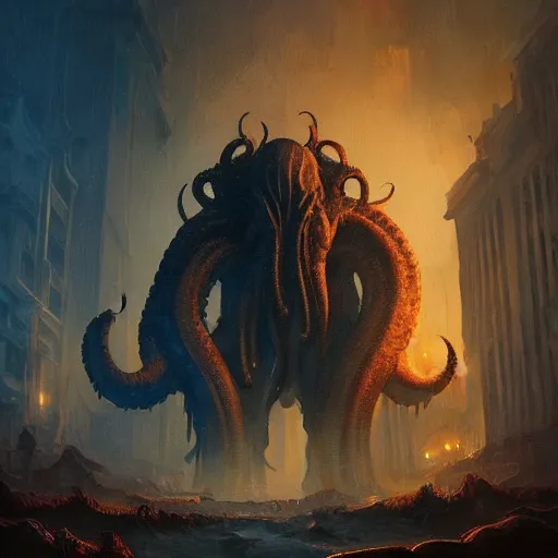 Image similar to gigantic cthulhu, size comparsion, small city, dramatic lighting, chiaroscuro, high detail, painted by greg rutkowski, painted by igor kieryluk, painted by bobby chiu, trending on artstation