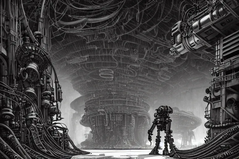 Image similar to dieselpunk mechs that look like Dragonfly, inside an gigantic underground concrete doom hangar, interior structure, drains, storm drains, jungle, vines, algea, cables, panels, walls, ceiling, floor, doors, brutalist architecture, intricate ink drawing, highly detailed in the style of Ashley Wood, moebius and Tsutomu Nihei, photorealistic, cinematic, intricate detail, well lit,