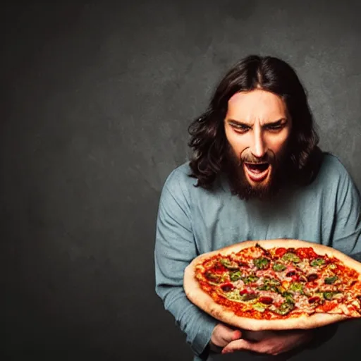 Image similar to Jesus eating pizza