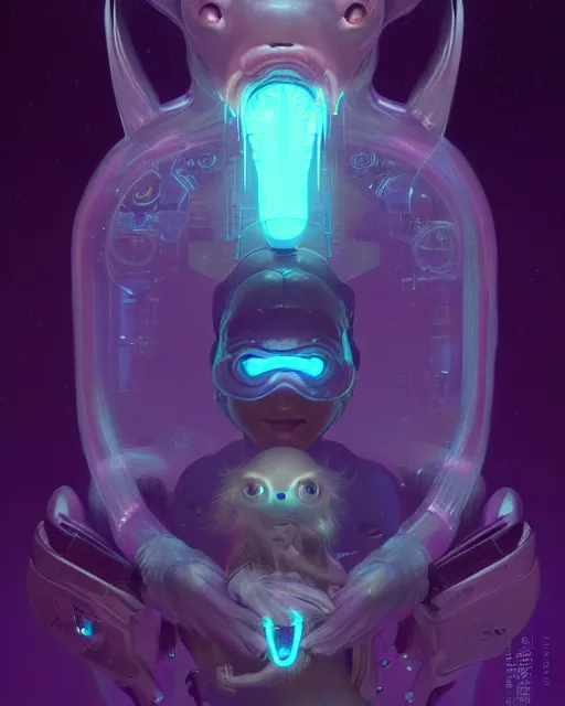Image similar to one singular portrait of a cute bioluminescent creature, pulp scifi, highly detailed, digital painting, moody cinematic lighting, hyperrealism, dark retrowave, art by stanley lau and artgerm and magali villeneuve and alphonse mucha, artstation, octane render, cgsociety
