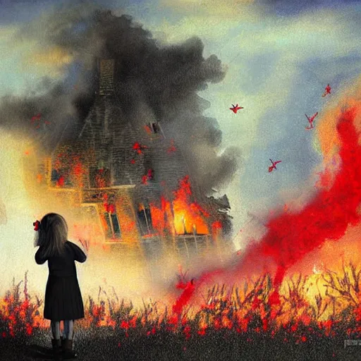 Image similar to young girl watching an old victorian house burning, the background burning houses, destroyed churches, and red ribbons fly into the black sky, Art by Sandra Pelser, surreal