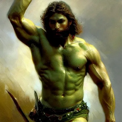 Image similar to young warrior marching, male, muscular, green eyes!!!!, straight nose!!!!!, beard, detailed face, thighs!!!!! gorgeous, amazing, muscular, intricate, highly detailed, painting by Gaston Bussiere, Craig Mullins