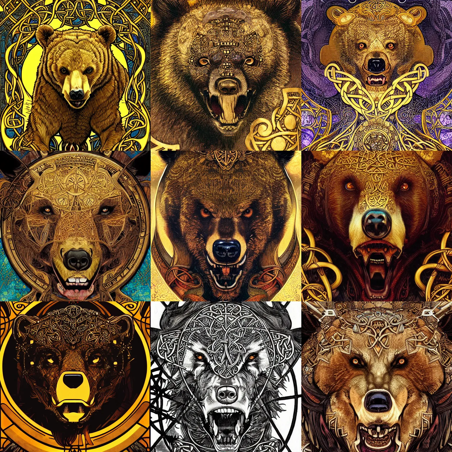 Prompt: portrait close - up of a growling angry bear, symetry, fantasy, intricate, marvel comics, celtic golden symbols, stephanie pui - mun law, alfons mucha