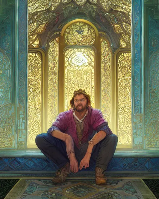 Image similar to chis pratt in front of an big open quran highly detailed, gold filigree, romantic storybook fantasy, soft cinematic lighting, award, disney concept art watercolor illustration by mandy jurgens and alphonse mucha and alena aenami, pastel color palette, featured on artstation