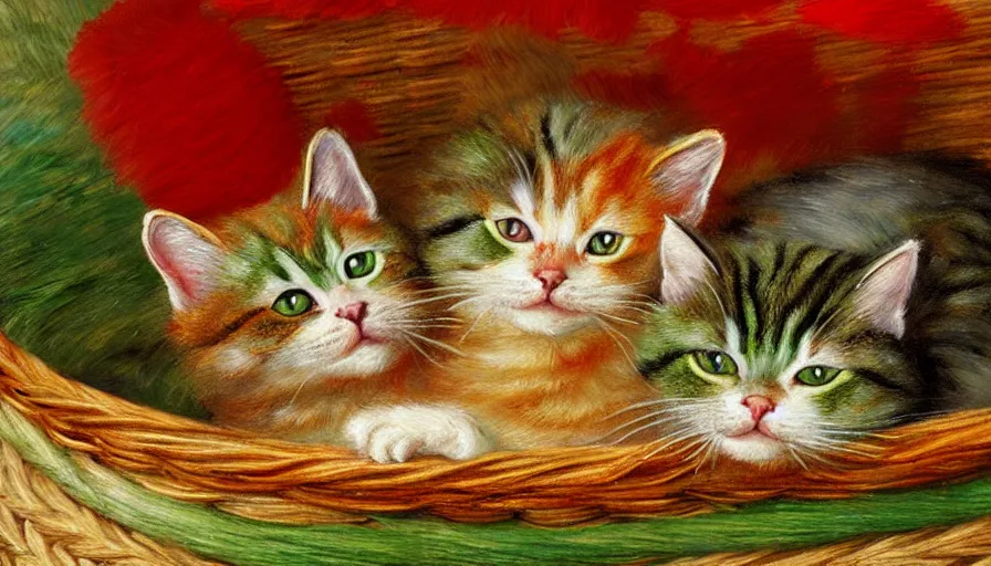 Image similar to highly detailed painting of green and red furry cats cuddling in a basket by william turner, thick brush strokes and visible paint layers, 4 k resolution