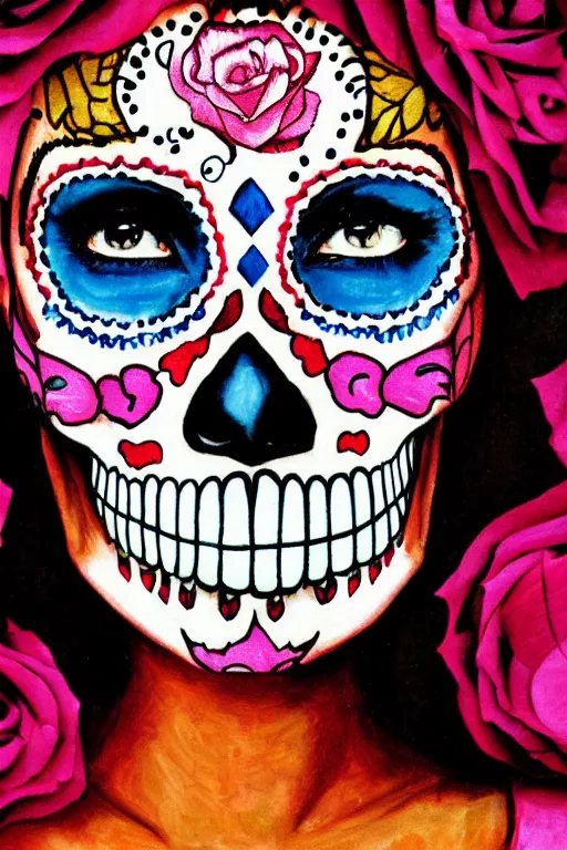 Image similar to illustration of a sugar skull day of the dead girl, art by steve mccurry