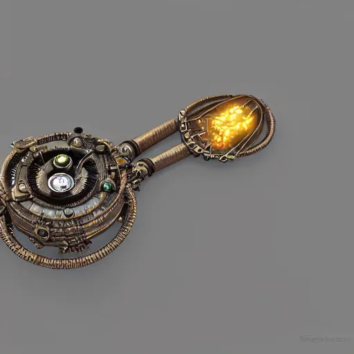 Image similar to steampunk amulet with diamond jewel and small steam tubes, volumetric lightning, octane render, realistic fog, extremely high detailed