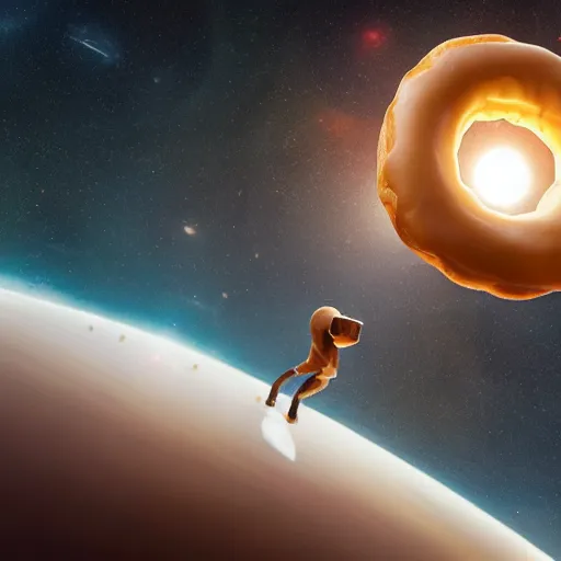 Prompt: long shot of a giant delicious donut floating in space, concept art, by asao andrews, by ridley scott, by j. j. abrams, volumetric light, beautiful oil painting, realistic reflections, smooth, lens flare, depth perception, high depth of field, 8 k, 3 d octane render