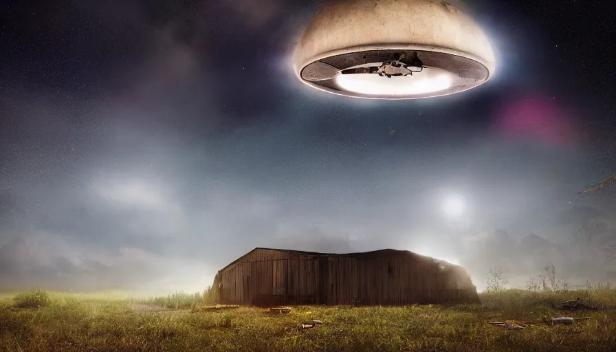 Image similar to a ufo floats over a broken barn, debris floats upwards, volumetric lighting, night, photorealistic rendering, color palette, 8 k, hyperdetailed