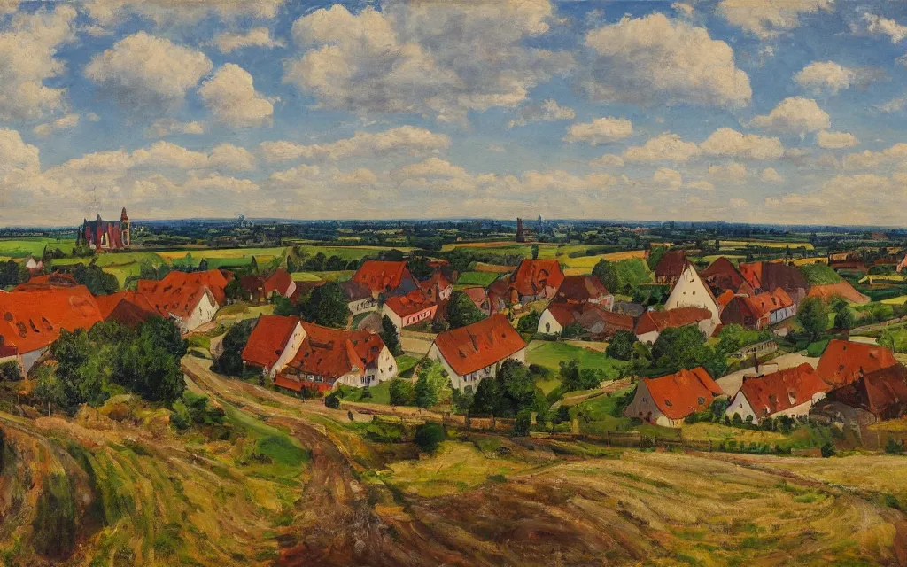 Prompt: A beautiful wide-angle painting of a German town with lots of farmland. Interesting style, by an early 20th century artist. 4K HD Wallpaper. Premium Prints Available