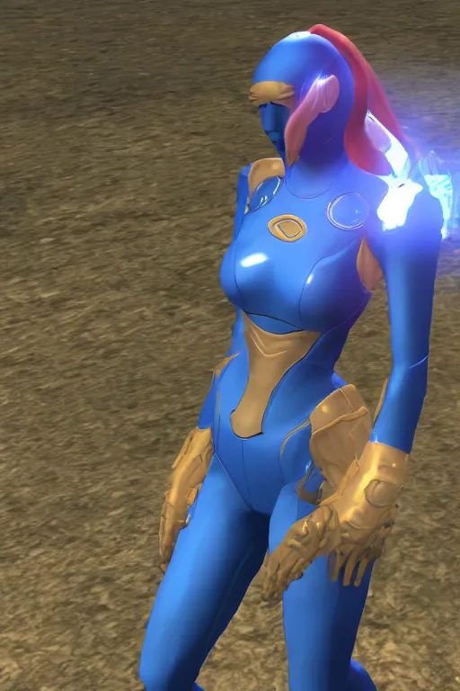 Image similar to in game footage of zero suit samus in skyrim, skyrim art style.