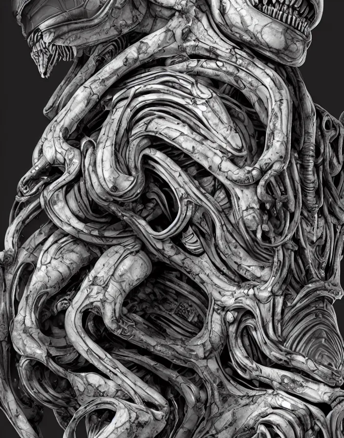 Image similar to engineer prometheus face, xenomorph alien face, highly detailed, symmetrical long head face, smooth marble surfaces, detailed ink illustration, raiden metal gear, cinematic smooth stone, deep aesthetic, concept art, post process, 4k, carved marble texture and silk cloth, latex skin, highly ornate intricate details, prometheus, evil, moody lighting, hr geiger, hayao miyazaki, indsutrial Steampunk