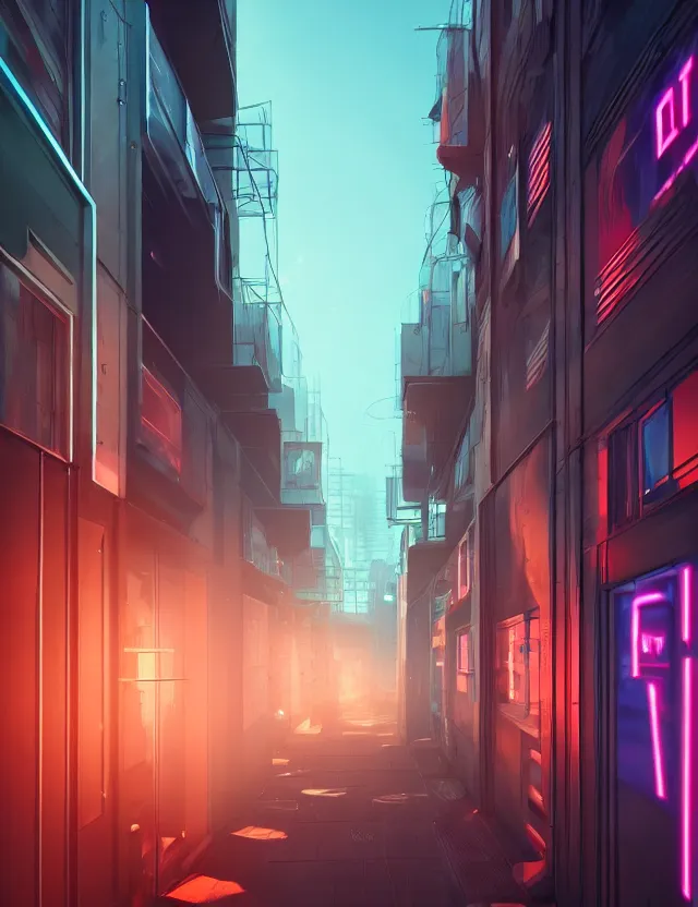 Image similar to a long narrow alleyway between futuristic buildings leading into the horizon, neon billboards, at night, by joseph ducreux, artstation, volumetric lighting, perfect, high detail