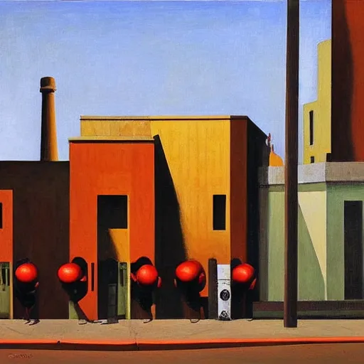 Image similar to red robots queue up in a drab brutalist town, street elevation, grant wood, pj crook, edward hopper, oil on canvas