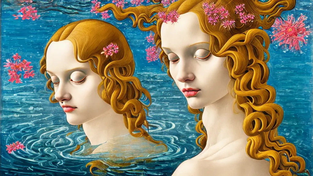Prompt: prompt: beautiful girl in lake with light up face painted in Botticelli style, nymph in the water, small flowers around and on the side, intricate oil painting, high detail, Neo-expressionism, post-modern gouache marks on the side, gnarly details