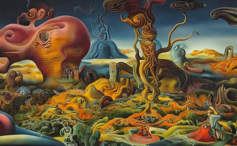 Image similar to strange surrealist landscape with very small strange figures in the distance with large looming biomorphic figures looming inthe foreground, painted by dali and todd schorr and rachel ruysch, timeless disturbing masterpiece